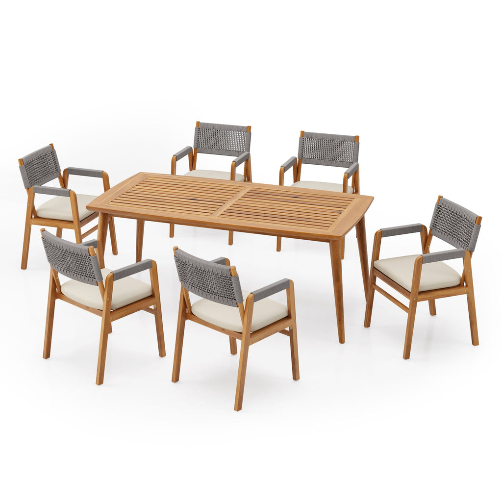Outdoor 7 Piece Dining Set with Rope Woven Armchairs - Gray or Black