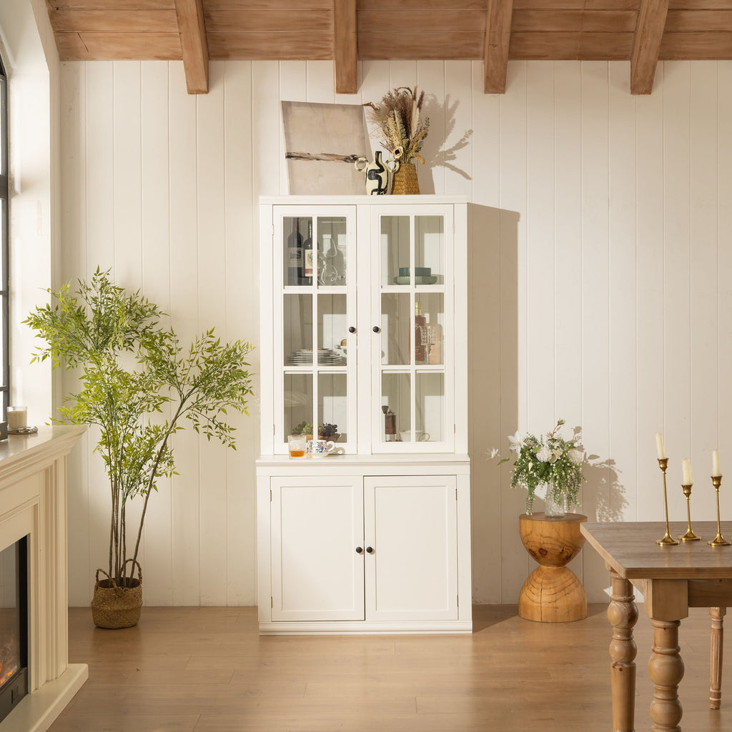 Retro Style Hutch Cabinet with Glass Door - White