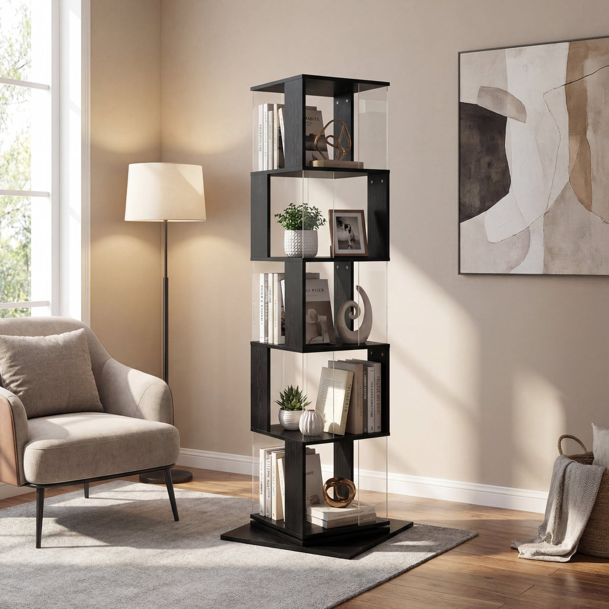 360° Rotating Bookshelf with Acrylic Plate - 5-Tier Display Shelf