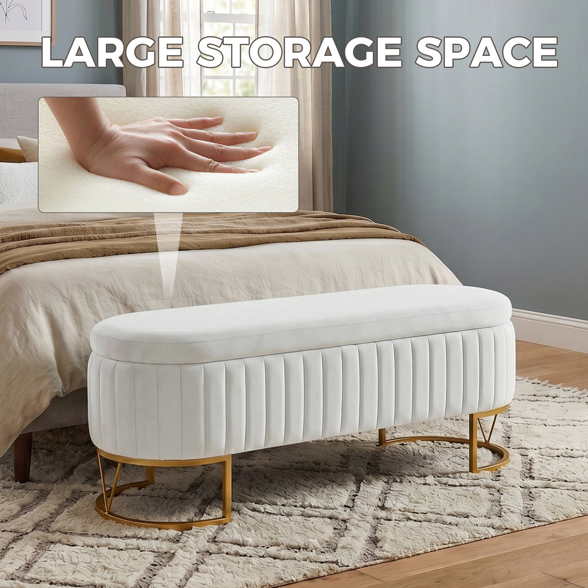Velvet Storage Bench with Golden Metal Legs - Bedroom Bench