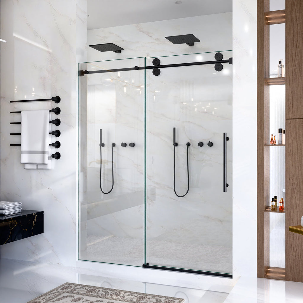 Frameless Single Sliding Shower Door with Matte Finish - Matte Black