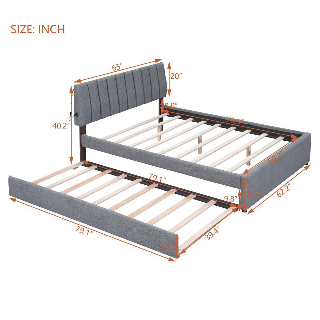 Upholstered Platform Bed With Trundle and LED Lights - Full or Queen