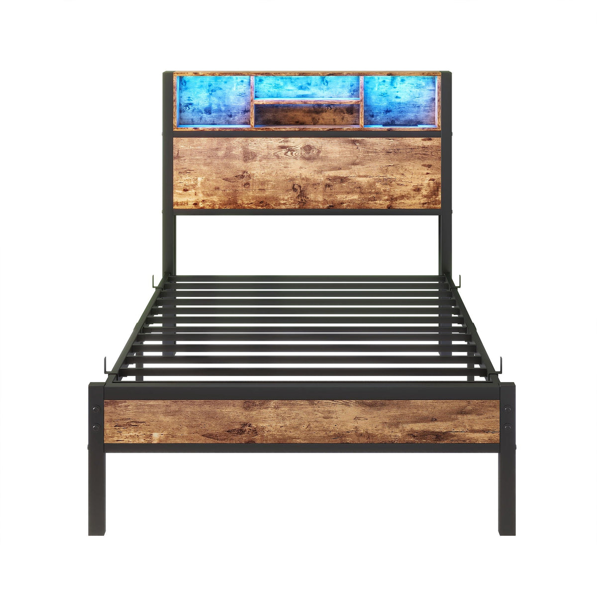 Modern Twin Size Metal Platform Bed Frame with Storage Headboard & Charging Station - Brown