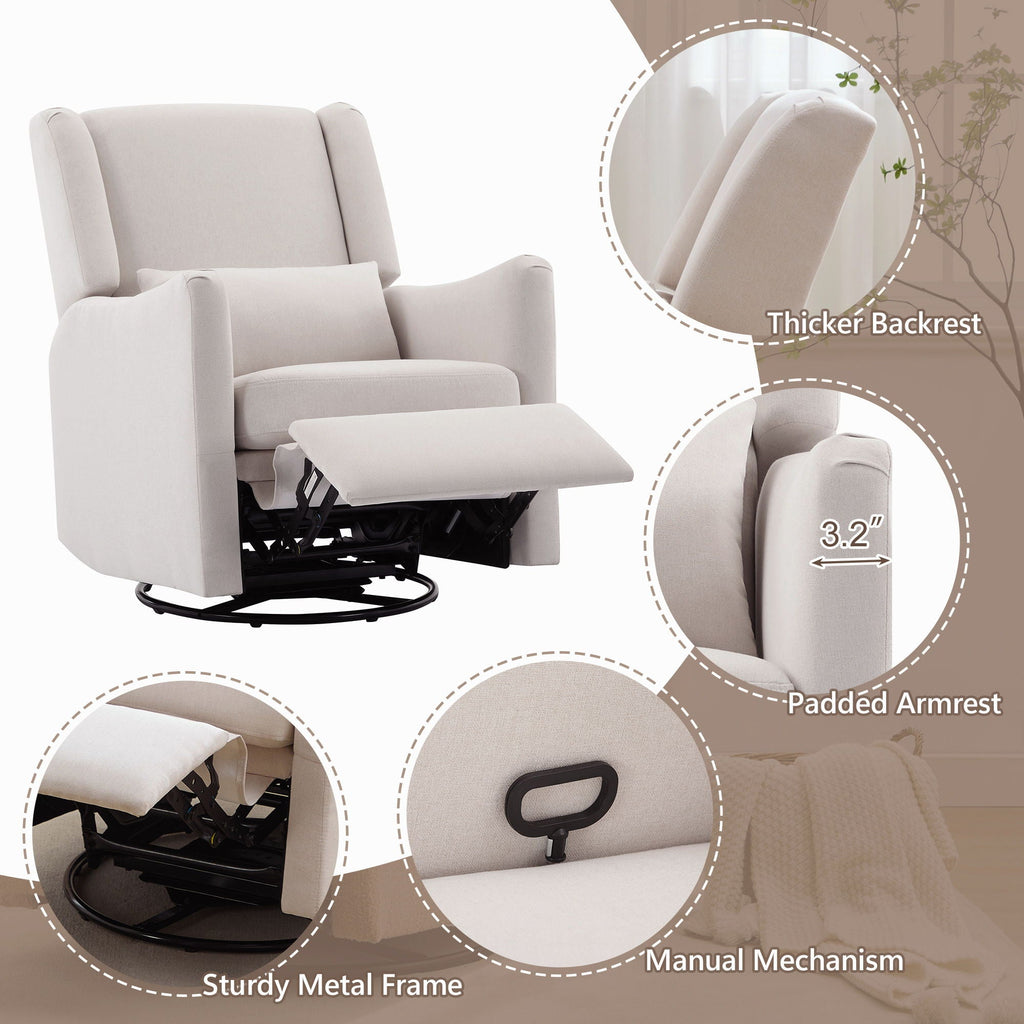 Wide Wingback Swivel Glider Rocker Recliner Chair with 360-Degree Swivel - Dark Green or Beige