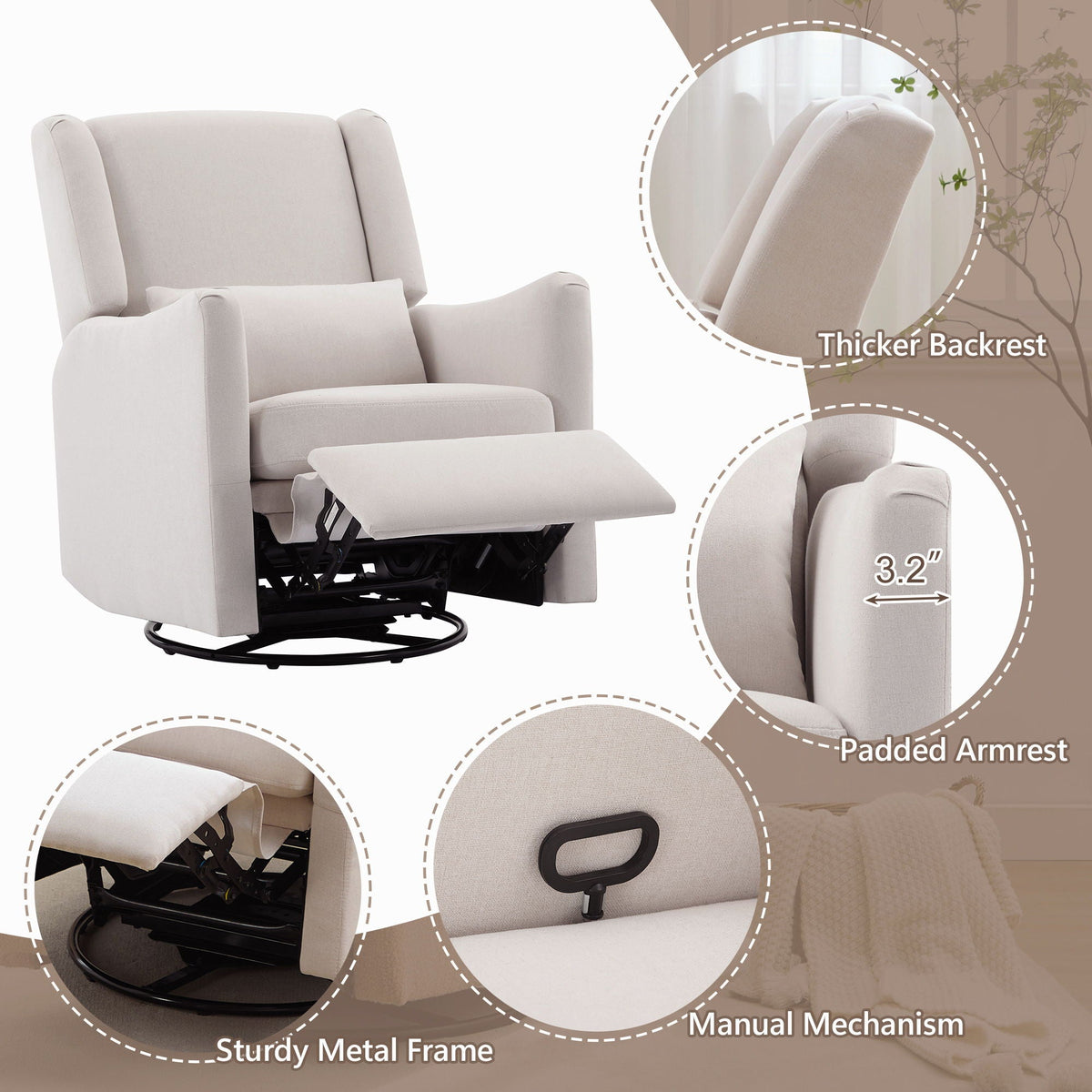 Wide Wingback Swivel Glider Rocker Recliner Chair with 360-Degree Swivel - Dark Green or Beige