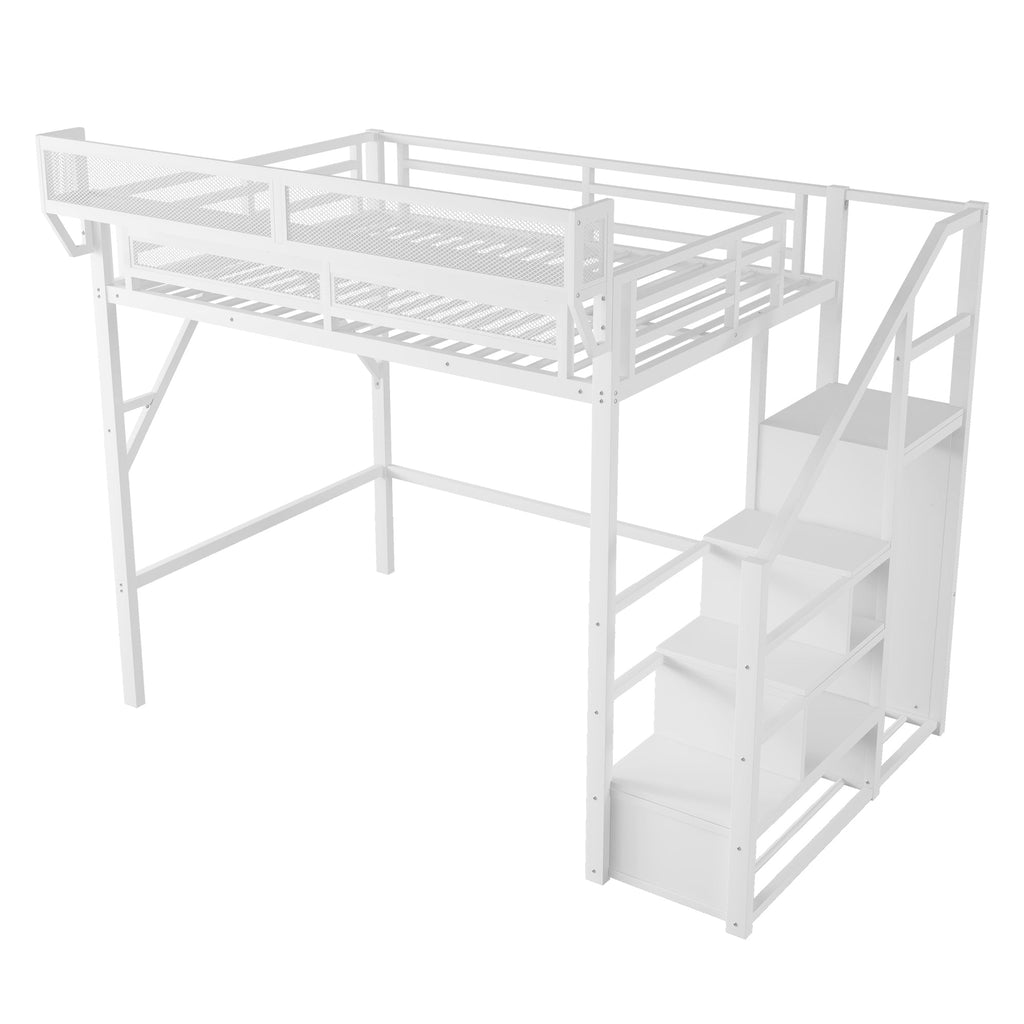 Full Size Loft Bed with Stairs and Storage Shelves - Metal, White