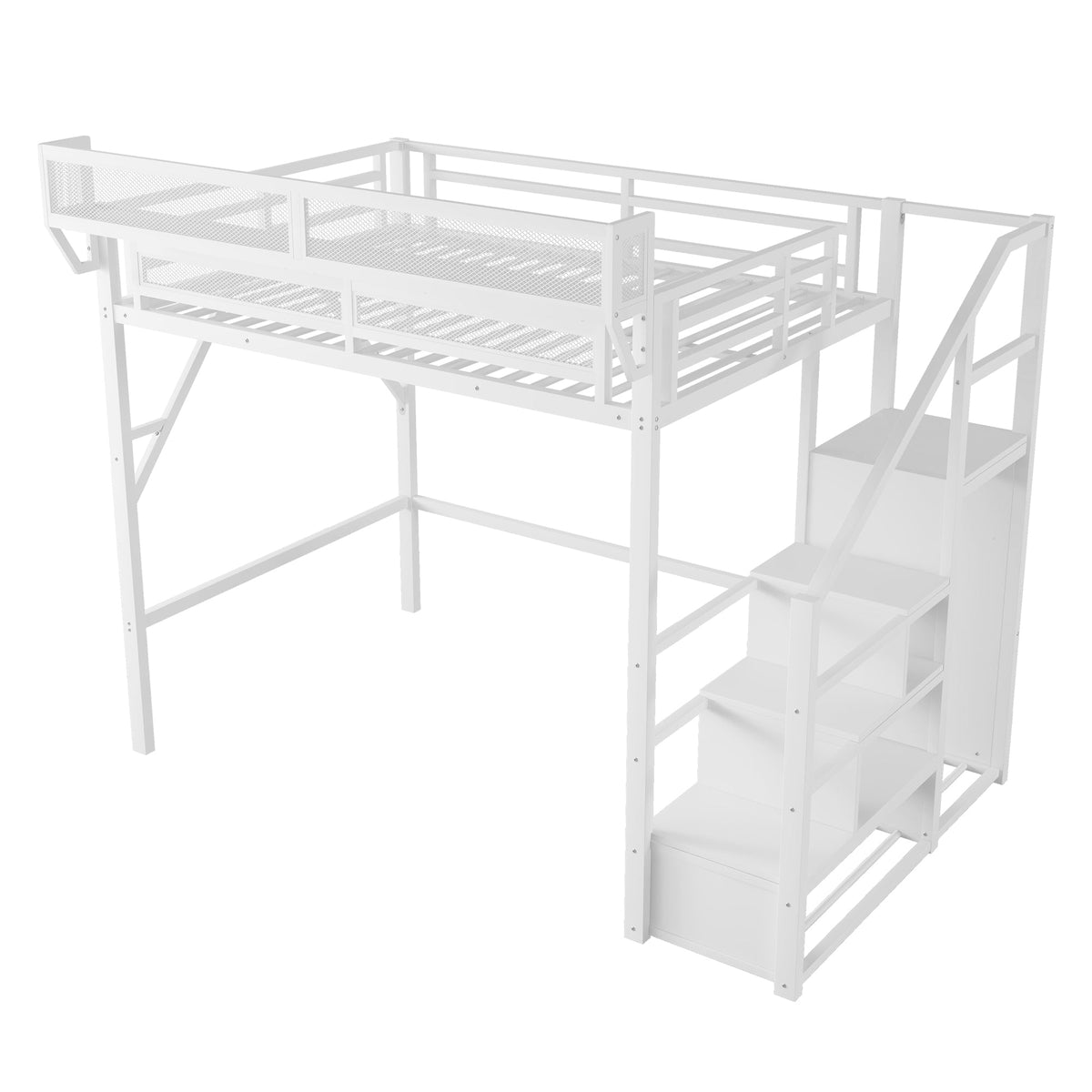 Full Size Loft Bed with Stairs and Storage Shelves - Metal, White