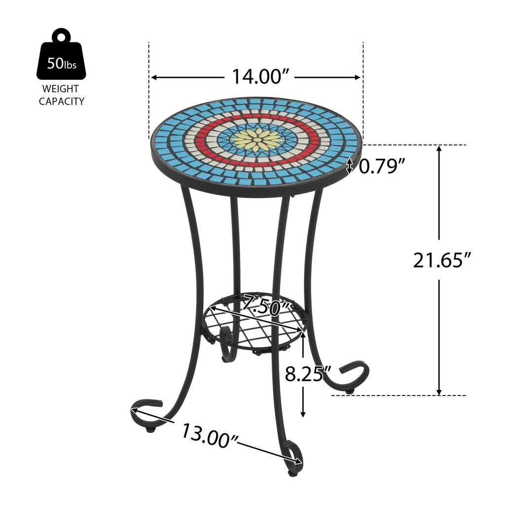 Patio Side Table with Shelf, Ceramic Top - Blue and Black