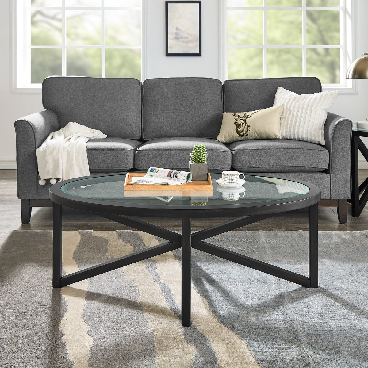 Modern Glass Coffee Table with Solid Wood Base - Clear/Light Wood