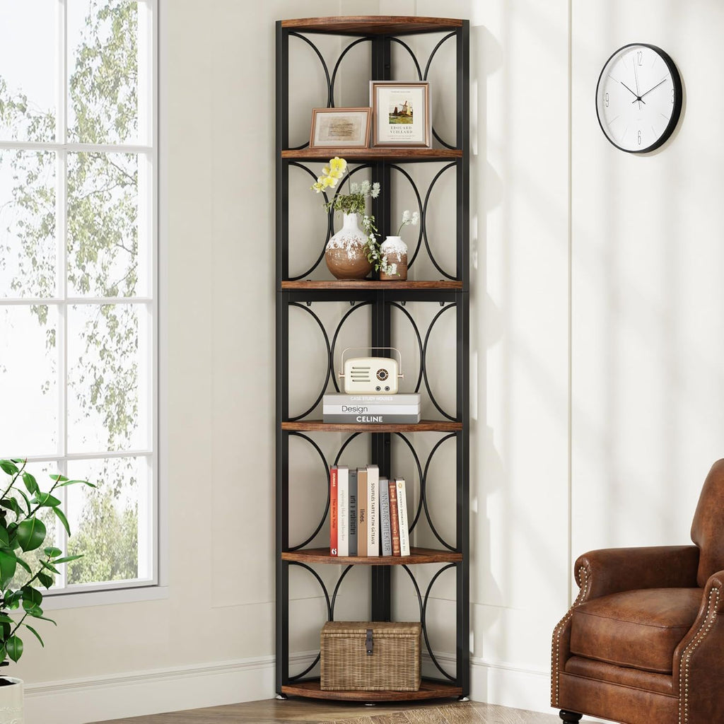 Tall 6 Tier Corner Bookshelf with Durable MDF & Metal Frame - Rustic Brown