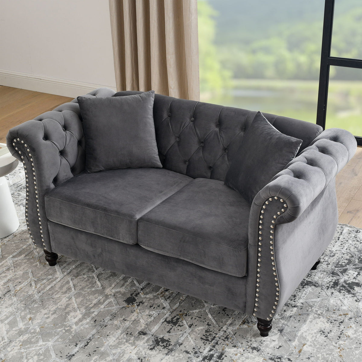 Chesterfield Sofa with Rolled Arms and Nailhead Trim – Solid Wood Frame