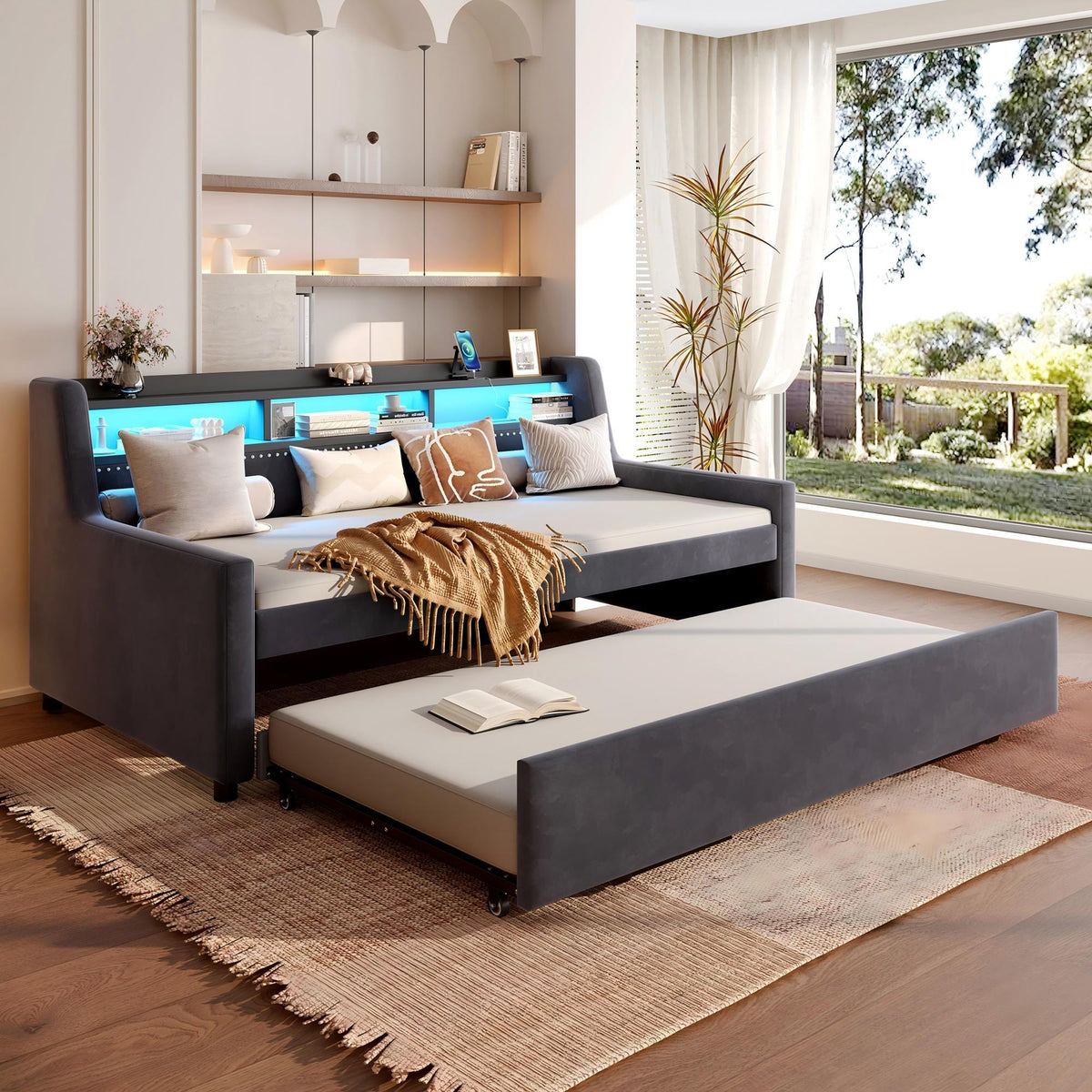 Twin Size Daybed With LED Light & Charging Station - Dark Gray