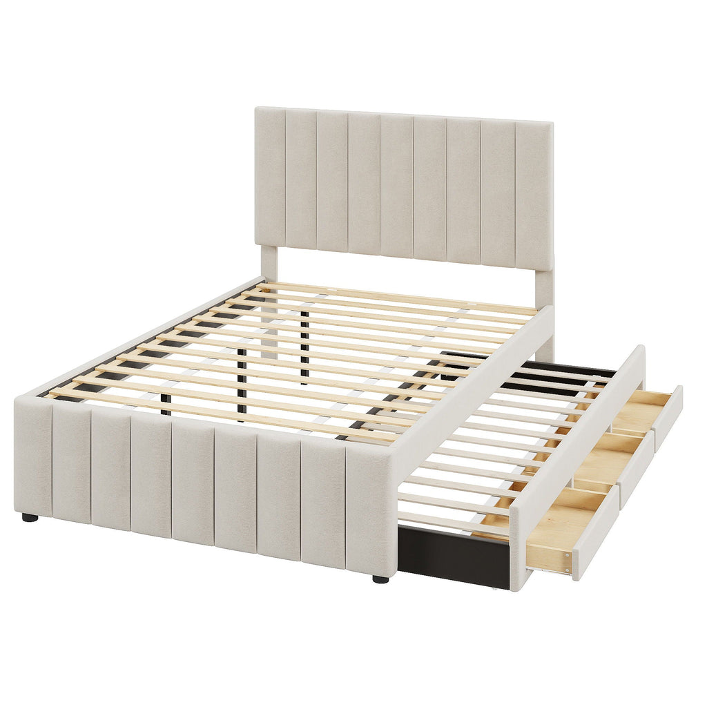 Upholstered Platform Bed with Twin Size Trundle and 3 Drawers - Beige, Full