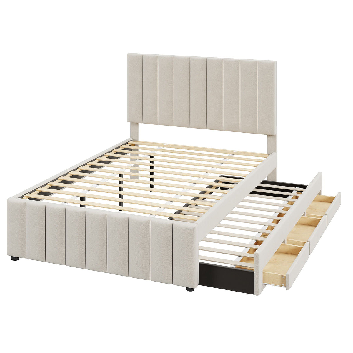 Upholstered Platform Bed with Twin Size Trundle and 3 Drawers - Beige, Full