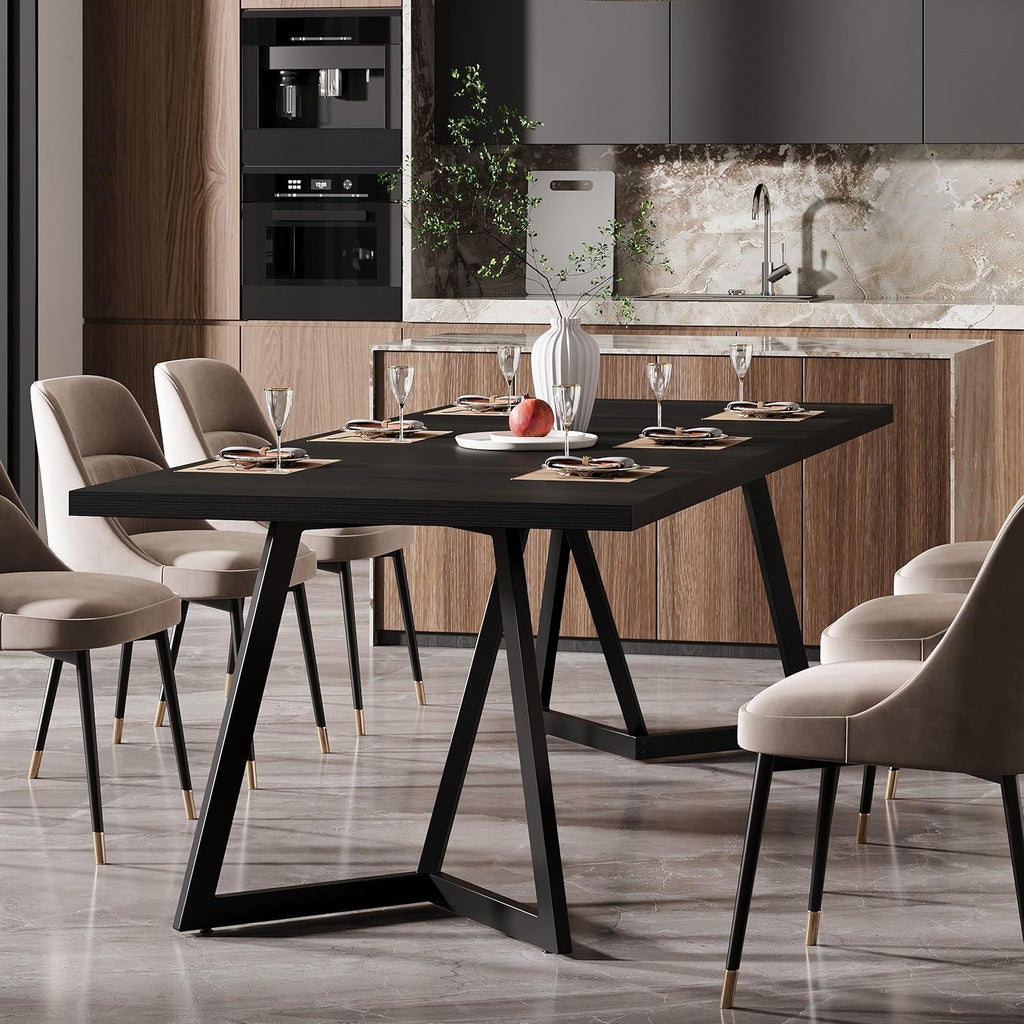 Rectangular Dining Table for 6-8 People with Durable Steel Frame - Black
