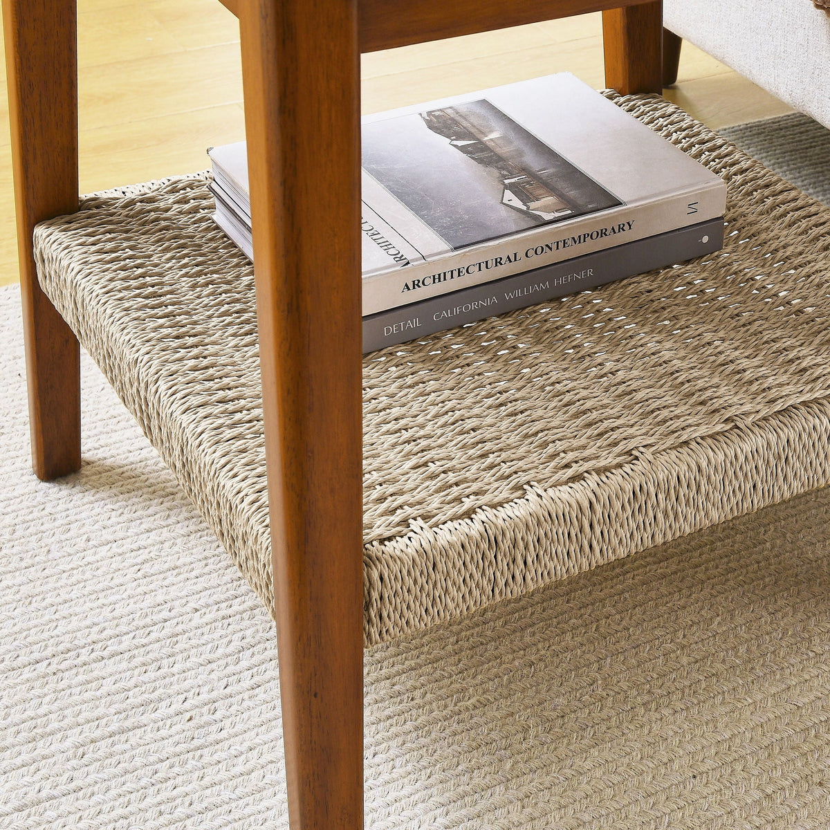 Mid-Century Square Side Table with Woven Shelf - Walnut