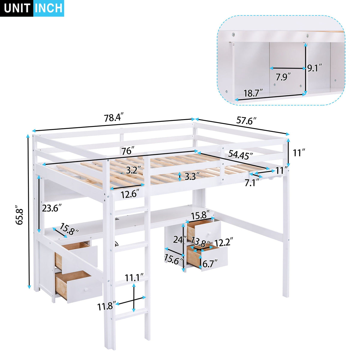 Loft Bed with Desk, Cabinets, Drawers and Charging Station - Full Size
