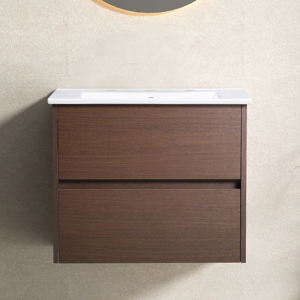 Bathroom Vanity with Wall Hang Storage and Porcelain Basin - Brown / White