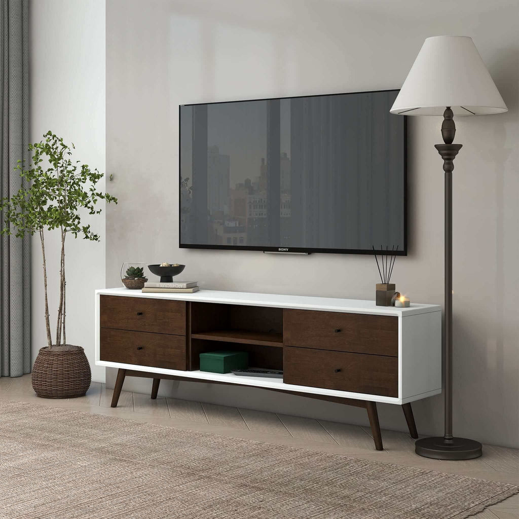 Modern TV Stand Up To 72" with Solid Wood Construction - White or Dark Brown