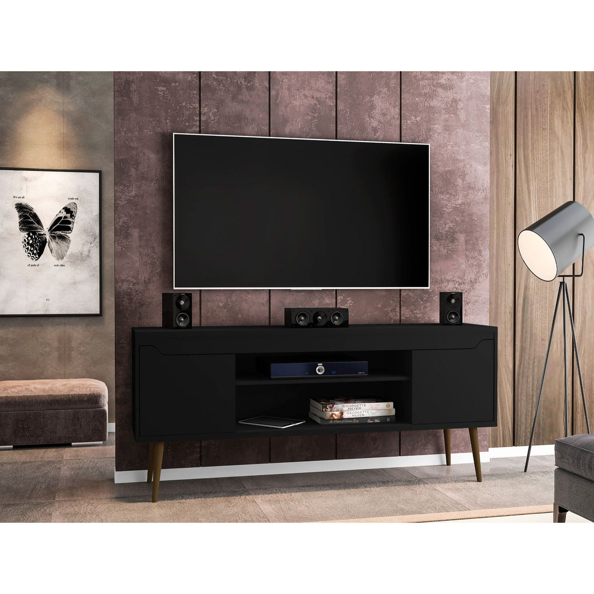 Mid-Century Modern TV Stand with Solid Wood Splayed Legs - White or Black