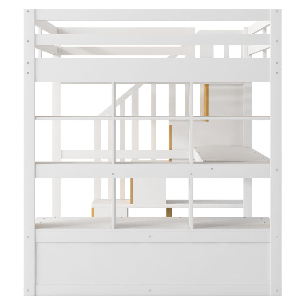 Full Size Loft Bed with Desk, Drawers & Storage Staircase - White