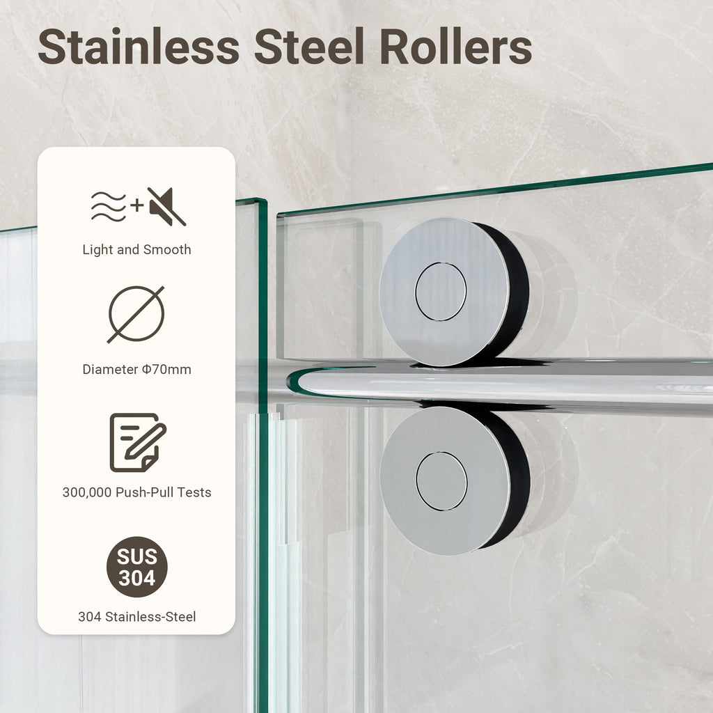Frameless Single Sliding Shower Door with Stainless Steel Rollers - Chrome