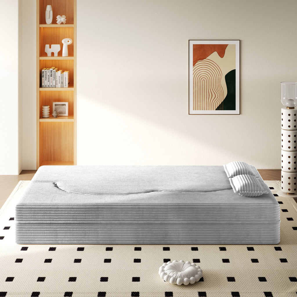 Convertible Floor Sofa with 2 Pillows - Twin Size Corduroy - White or Gray