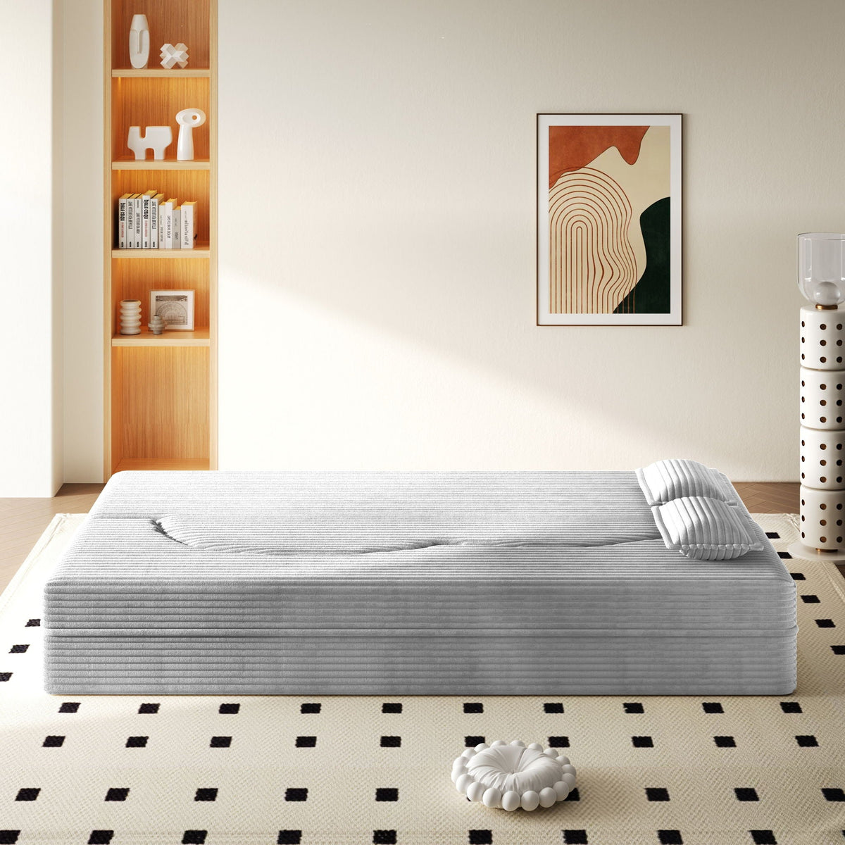 Convertible Floor Sofa with 2 Pillows - Twin Size Corduroy - White or Gray