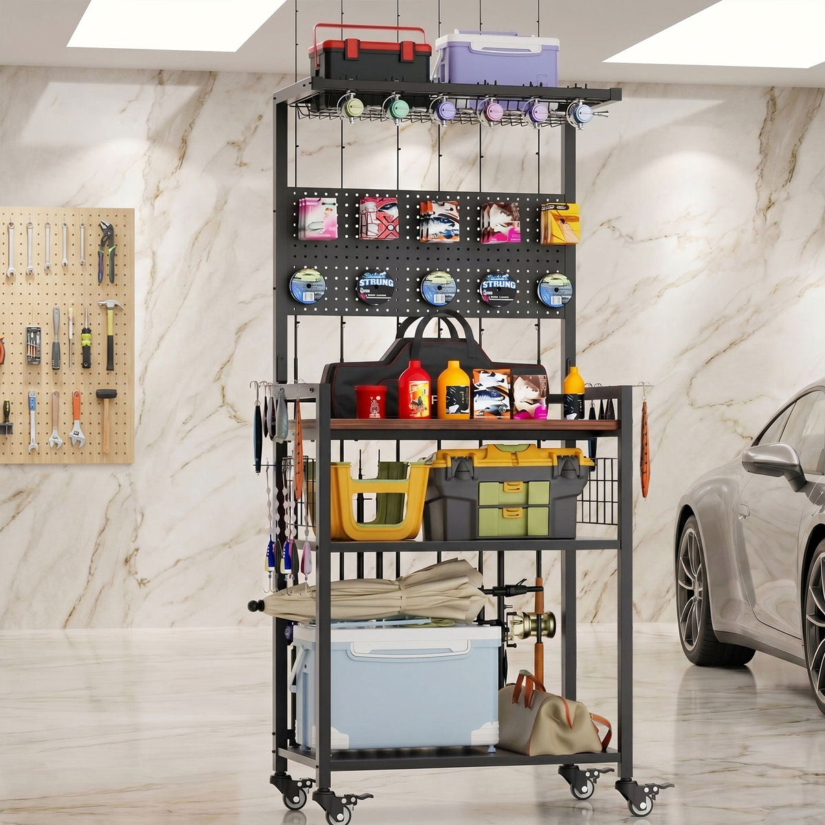 Fishing Rod Storage Rack with Pegboard - Rolling Tackle Organizer Cart - Black