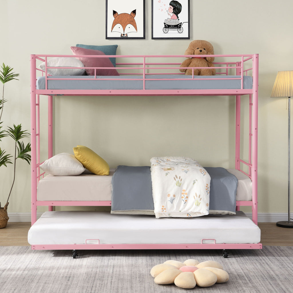 Twin Over Twin Bunk Bed with Trundle - Sturdy Metal Frame - Pearl Silver, White, or Pink