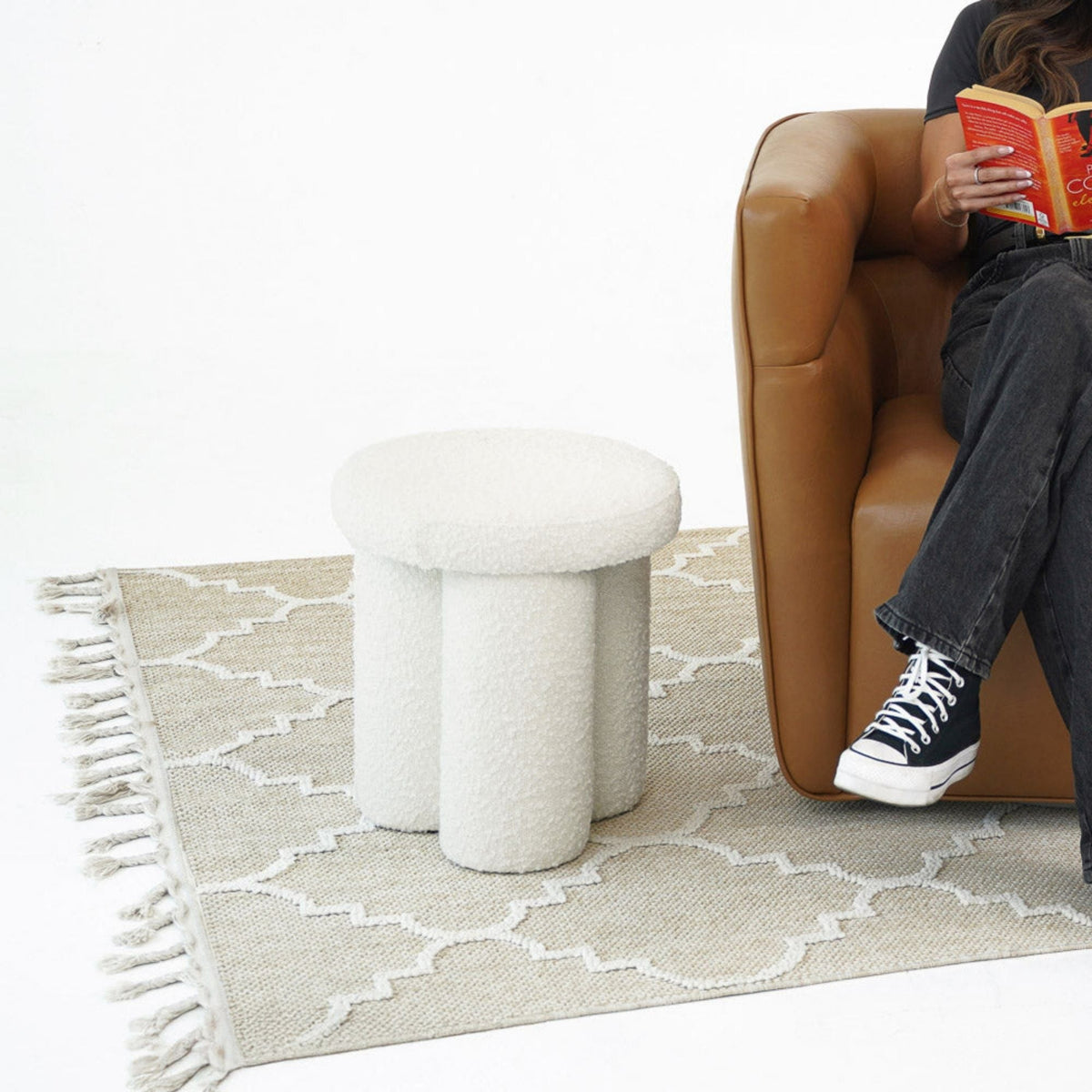Ivory Accent Stool with Sherpa Upholstery - Wesley