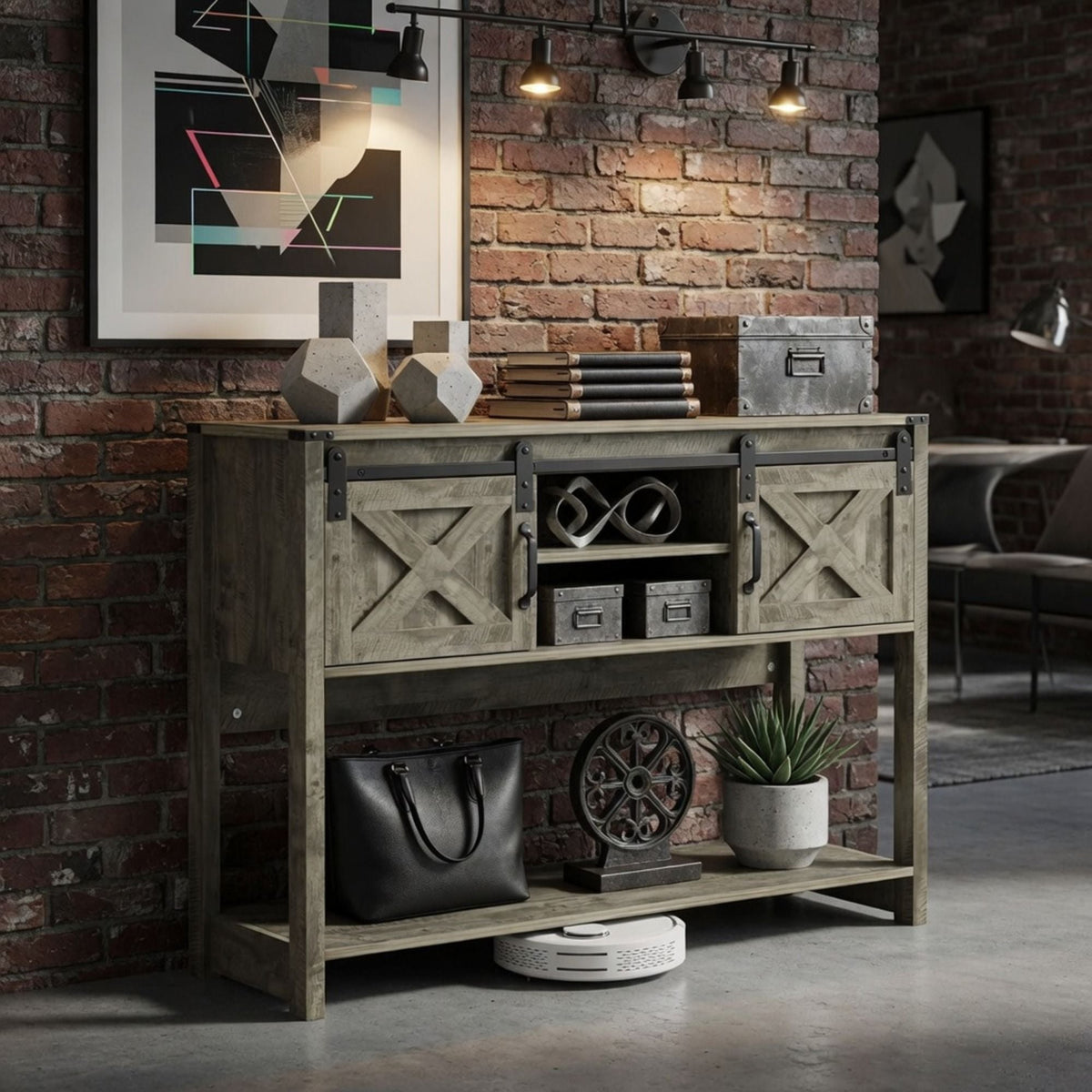 Farmhouse Entryway Table with Sliding Barn Door - Gray, Dark Gray, White, Black