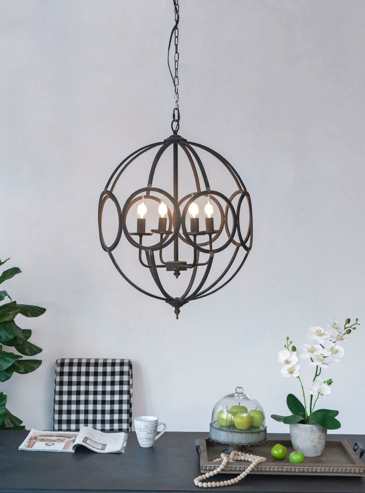 4 Light Metal Chandelier With Adjustable Chain - Black