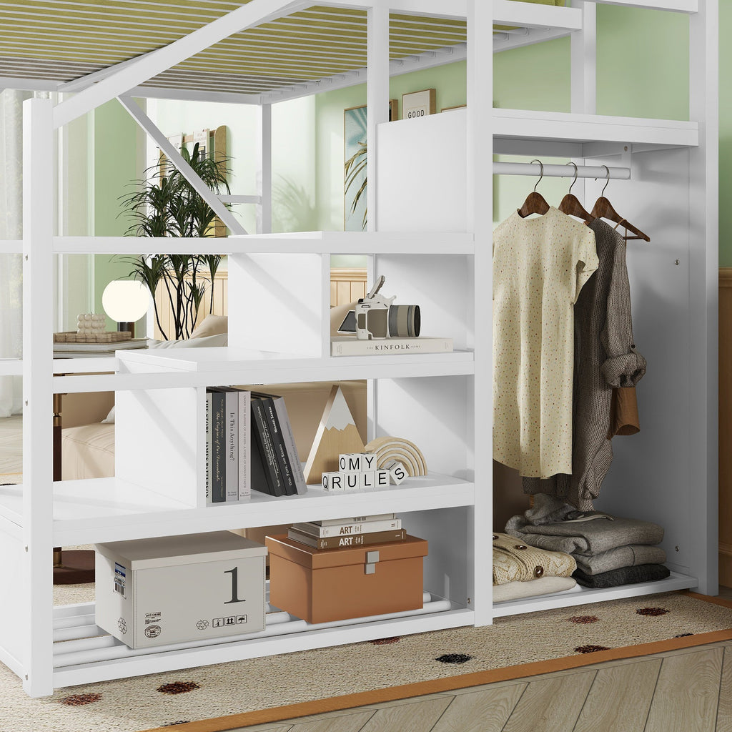 Full Size Loft Bed with Stairs and Storage Shelves - Metal, White