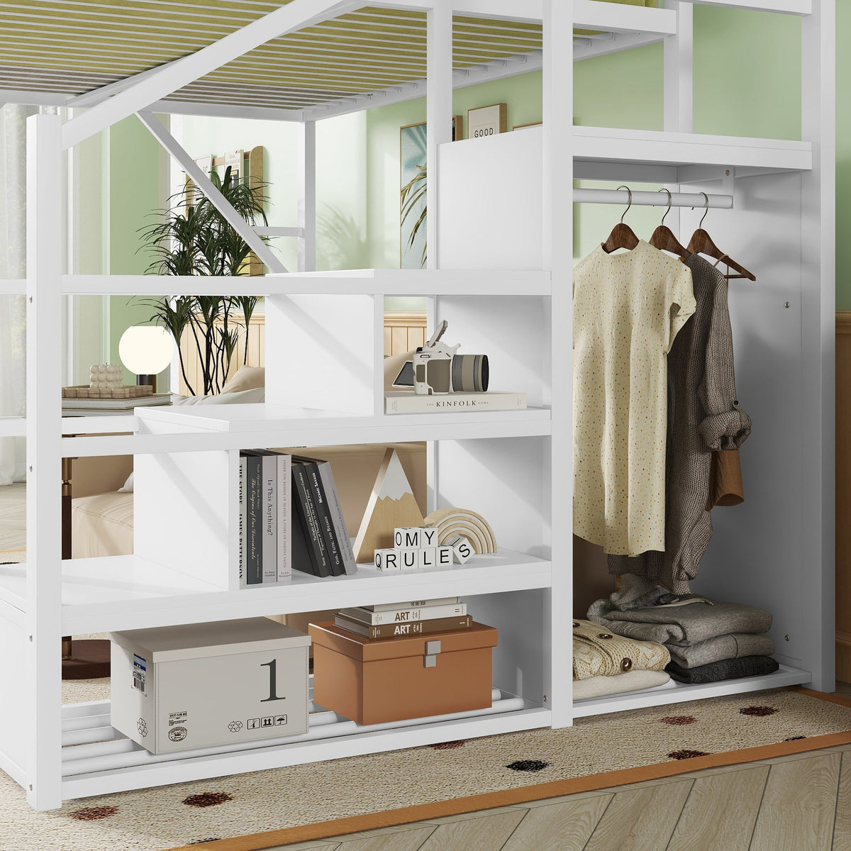 Full Size Loft Bed with Stairs and Storage Shelves - Metal, White