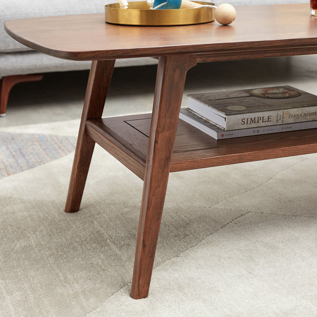 Low Coffee Table with Storage Shelf - Solid Oak - Light or Dark Brown