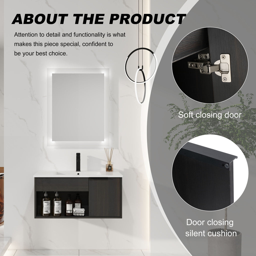 Wall Mounted Floating Bathroom Vanity with Open Shelf & Soft Close Door - Dark Brown
