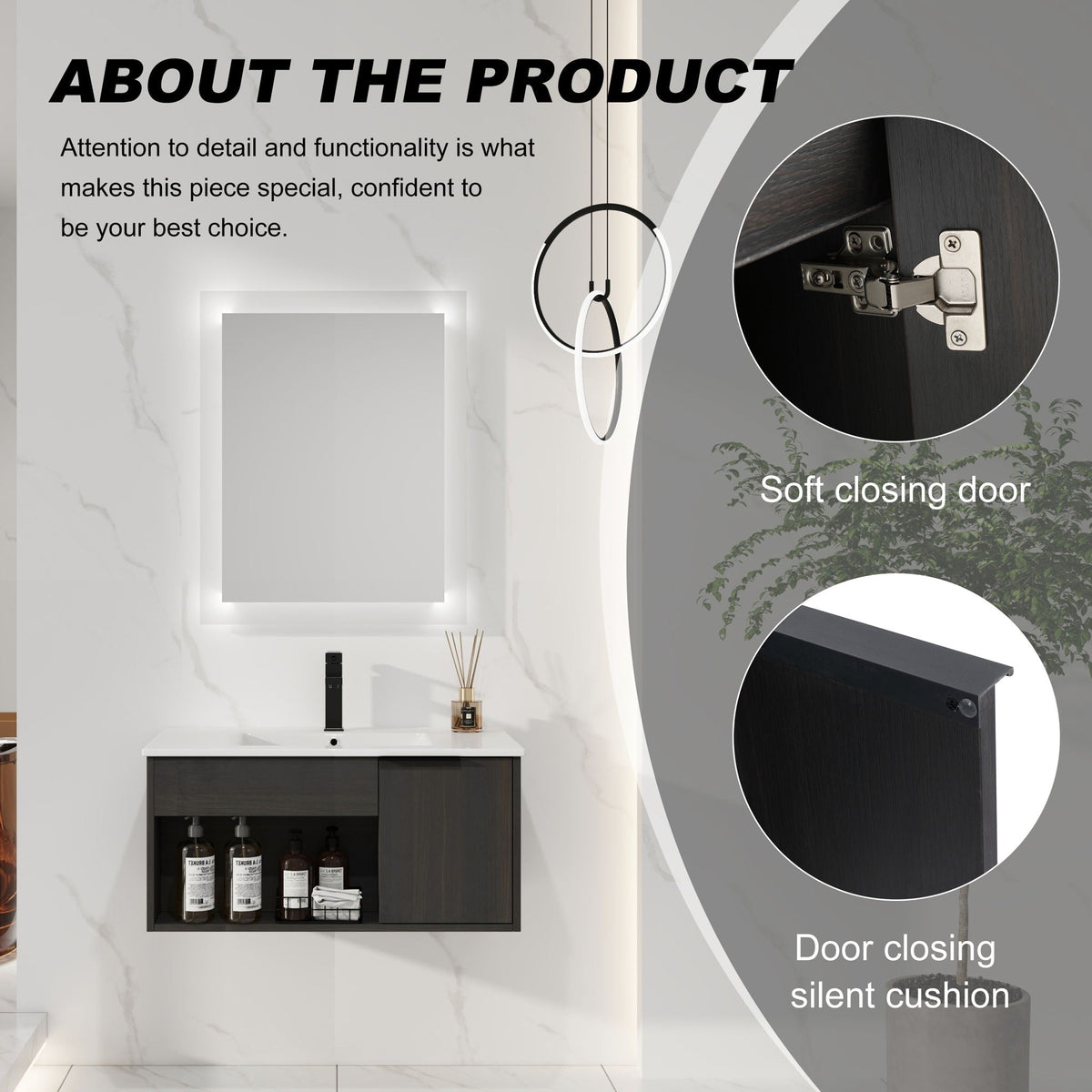 Wall Mounted Floating Bathroom Vanity with Open Shelf & Soft Close Door - Dark Brown