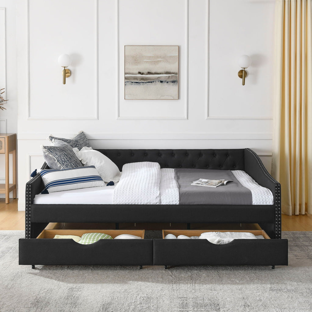 Upholstered Tufted Daybed with 2 Drawers and Waved Arms - Multiple Colors