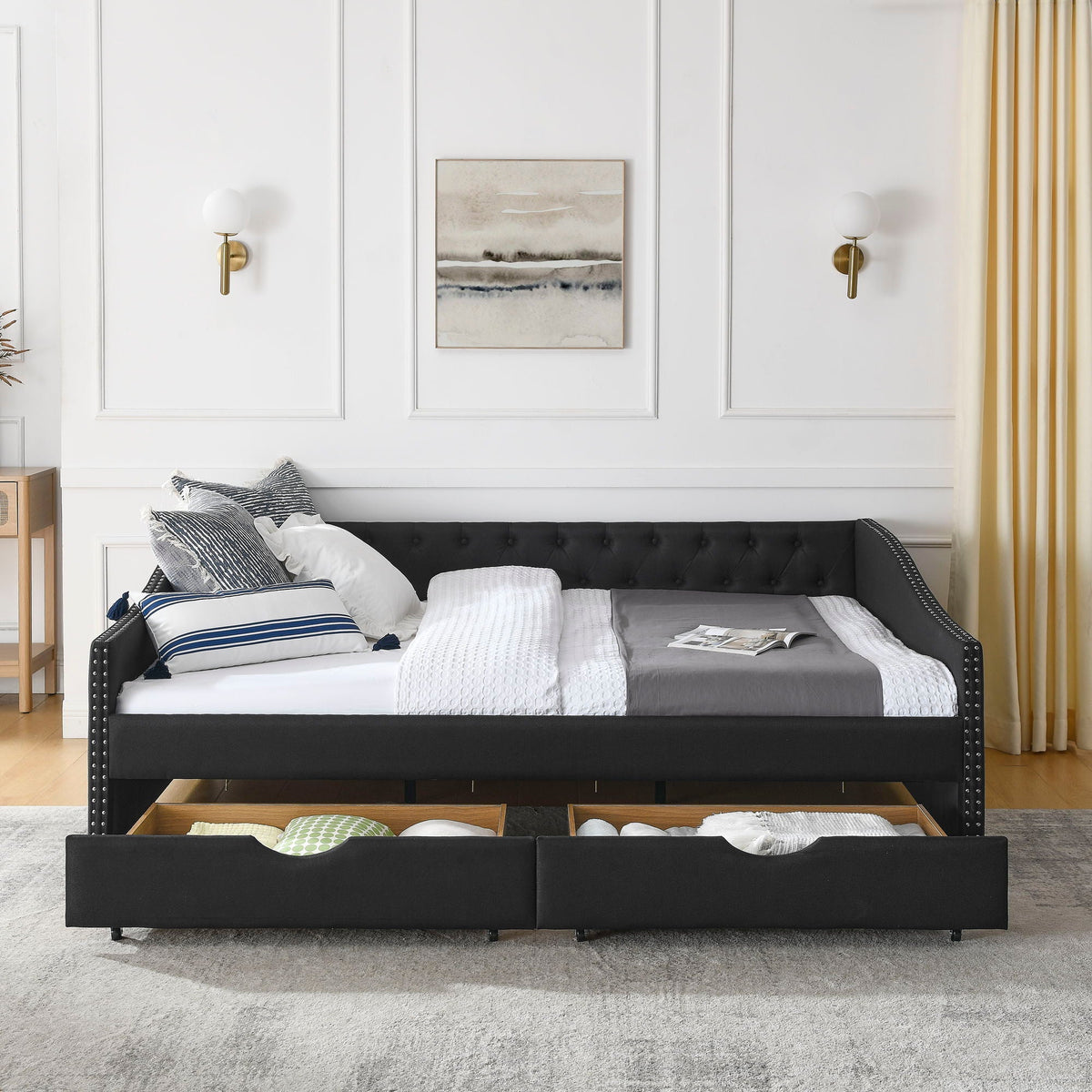 Upholstered Tufted Daybed with 2 Drawers and Waved Arms - Multiple Colors