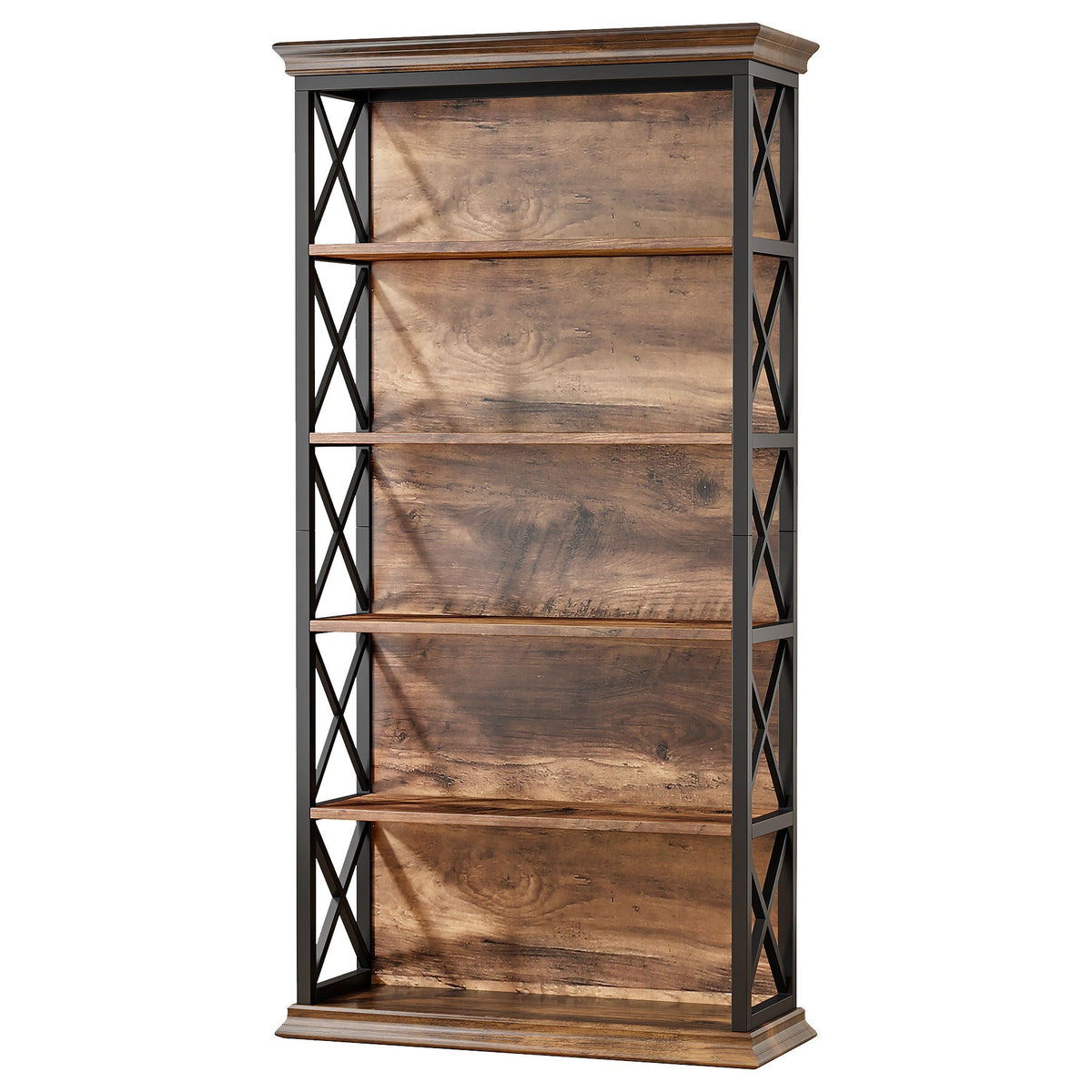 6 Tier Industrial Bookcase with X Pattern Design - Rustic Brown