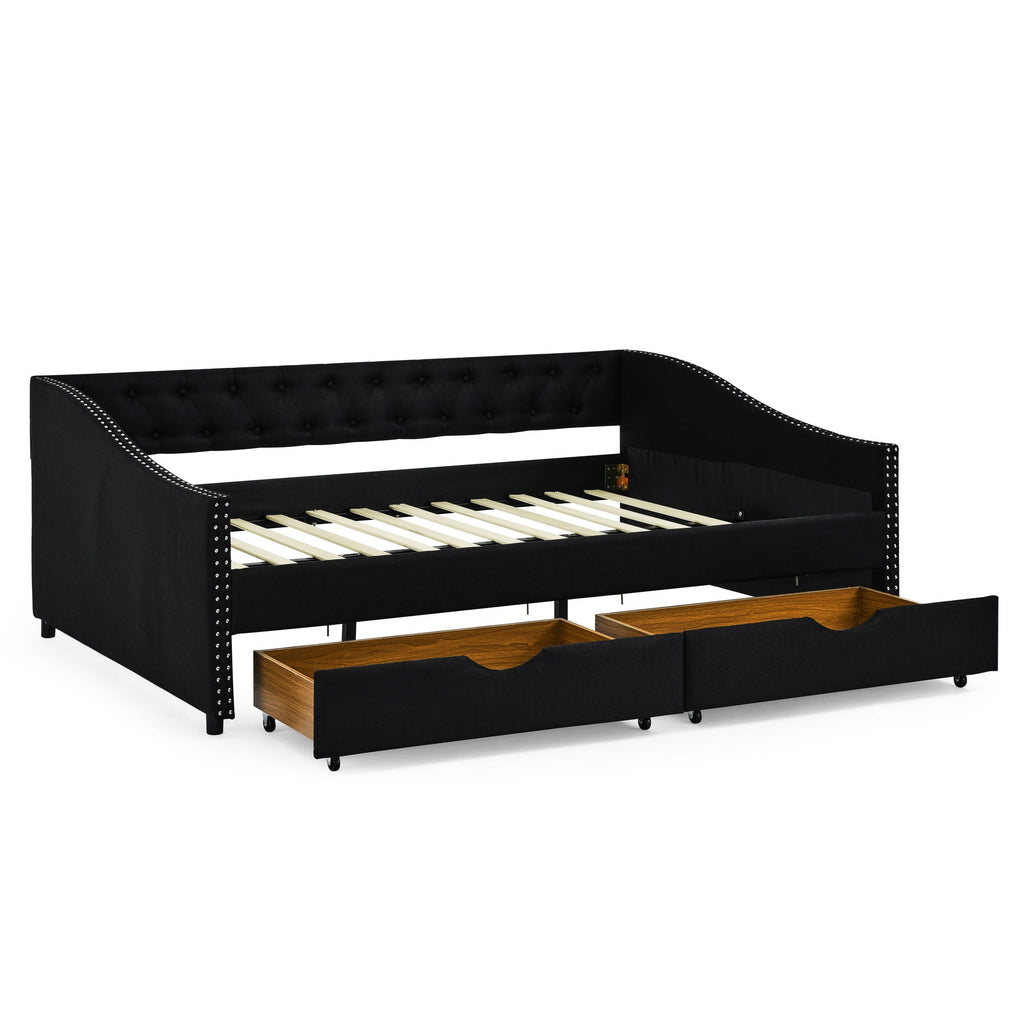 Upholstered Tufted Daybed with 2 Drawers and Waved Arms - Multiple Colors