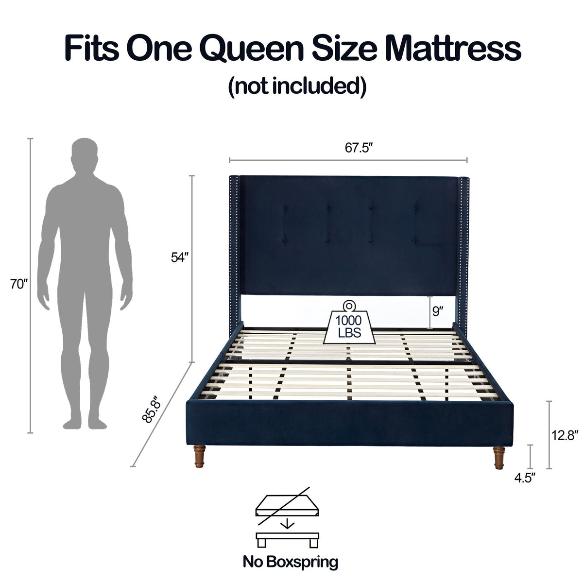 Upholstered Bed with 54" High Headboard and Hand Buttoned Tufting - White or Blue