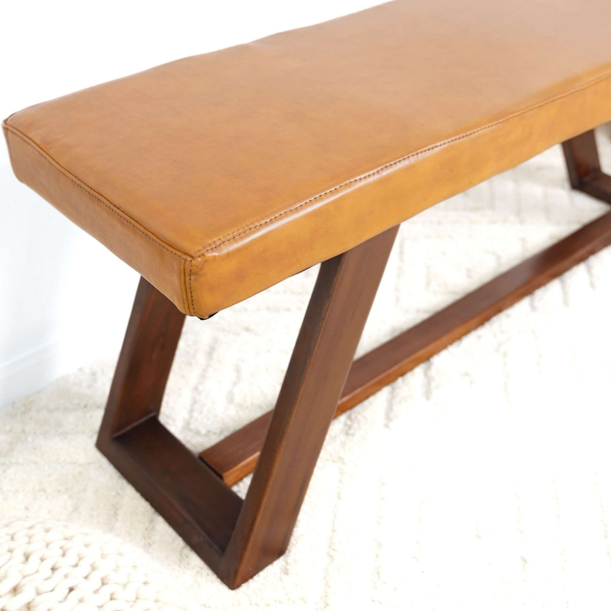 Light Brown Upholstered Bench with Hand Stitching - Genuine Material