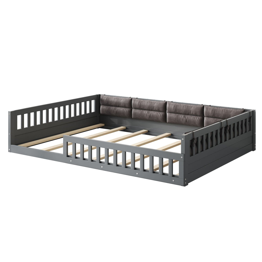 Upholstered Platform Bed with Guardrail and Pillow - Dark Gray