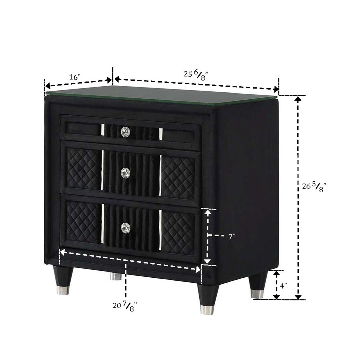 Black Upholstered Nightstand with Crystal Knobs – Luxurious Storage