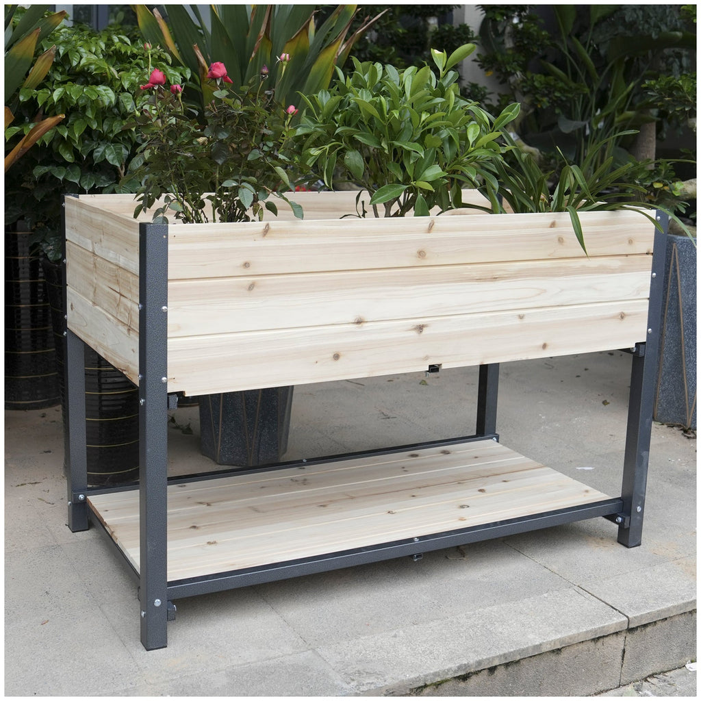45" Iron-Wood Garden Bed with Storage Racks - Wood Finish