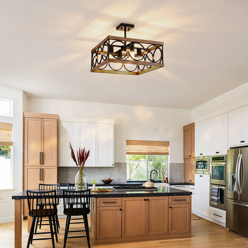 4-Light Square Kitchen Island Light with Farmhouse Metal Frame - Black