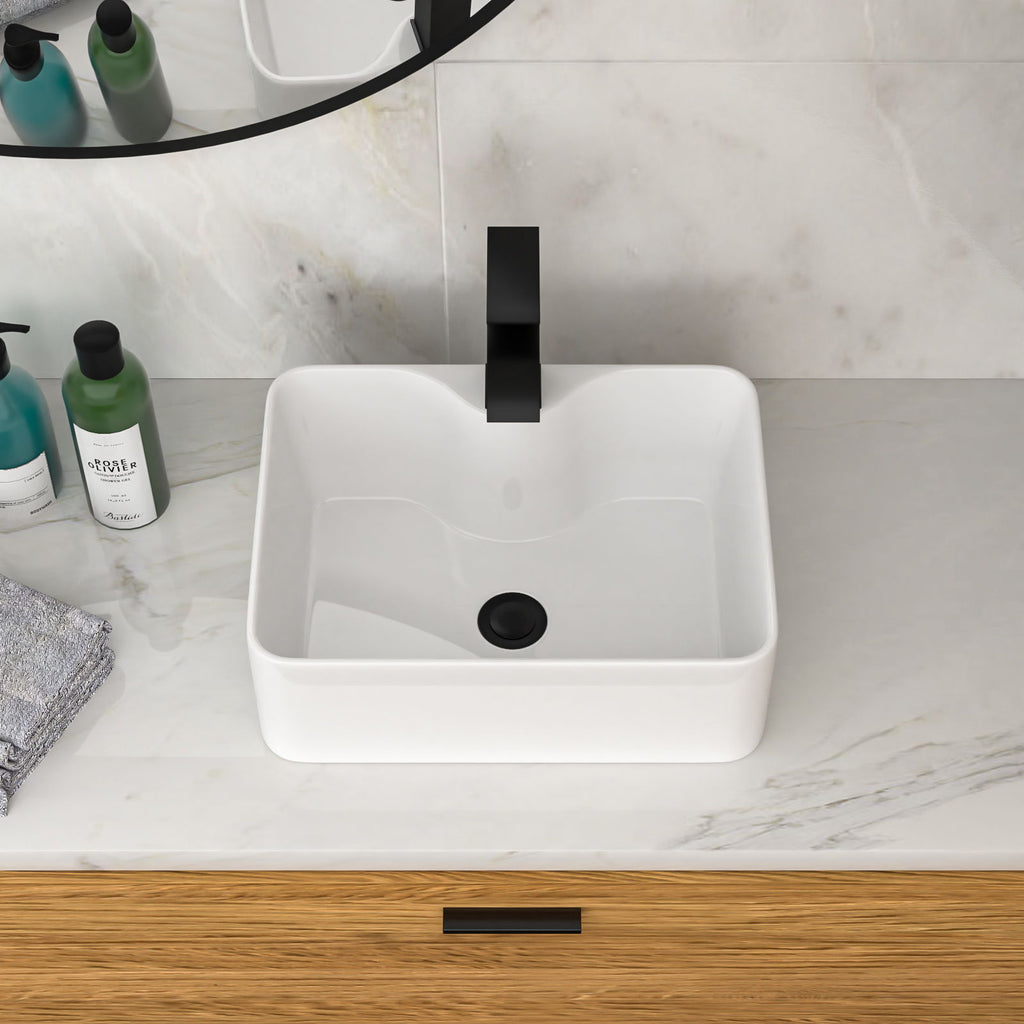Rectangular Vessel Sink with Faucet & Drain - White/Black