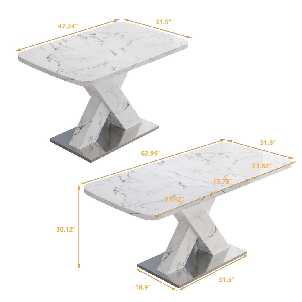 Modern Rectangle Dining Table with Stretchable Top and X Shape Legs - White or Black